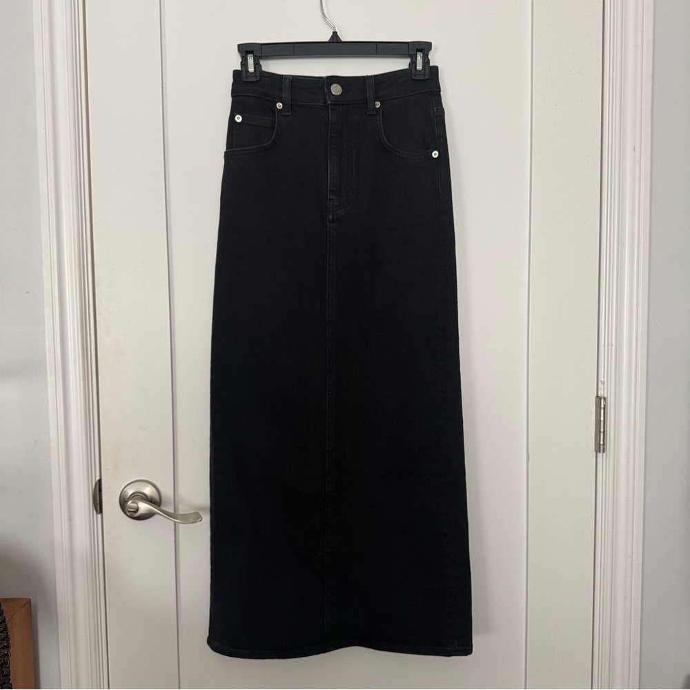 MAJE High Waisted Black Denim Maxi Skirt